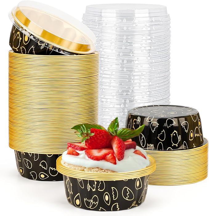Beasea Disposable Ramekins 8oz, 100 Pack Foil Cups with Lids Cupcake Cups Black Gold Aluminum Foil