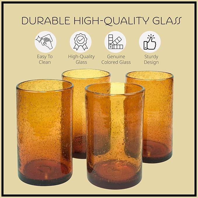 Artland 17oz Highball Tumbler, Set of 4 | Iris Seeded Design, Amber | Drinking Glass for Parties