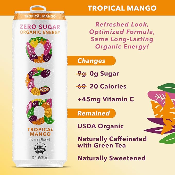 OCA ZERO Tropical Mango, Organic energy drink, zero sugar, gluten-free, vegan plant-based, 12 Fl Oz