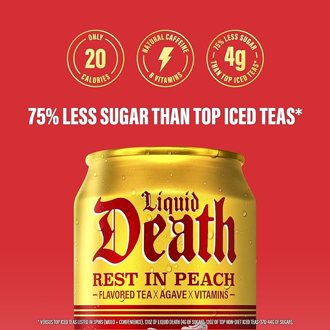 Liquid Death, Rest in Peach Iced Tea, 12-Pack (12 oz Cans), Peach Flavored Back Tea, Low Calorie