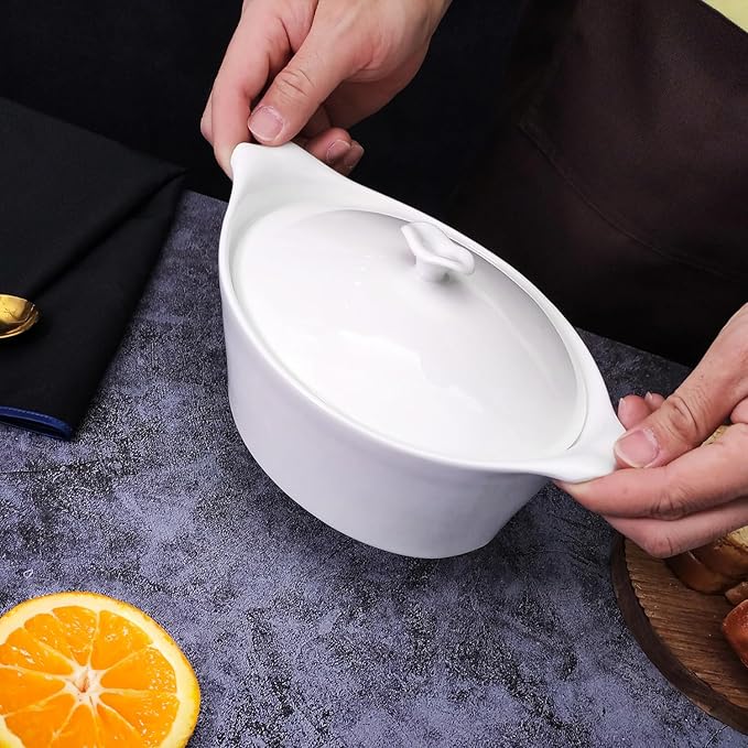 7" x 6" Ceramic Oval Casserole Dish with Lids, 30 Oz White French Serving Soup Tureens, Baking Dish