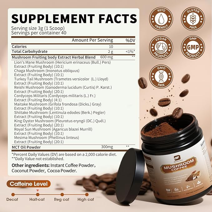 Mushroom Coffee Powder with MCT Oil - 10 Mushrooms Lion's Mane, Turkey Tail, Reishi, Cordyceps &