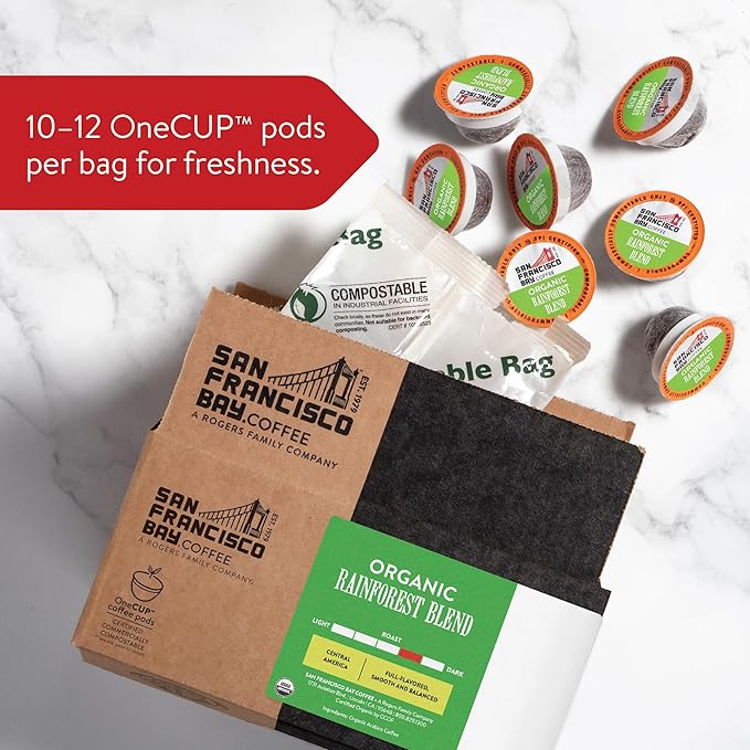 SF Bay Coffee OneCUP Organic Rainforest Blend 36 Ct Medium Dark Roast Compostable Coffee Pods, K