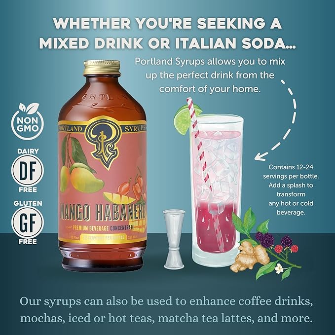 Portland Syrups Mango Habanero Syrup - Bold Mango Flavor with a Fiery Habanero Kick - Premium