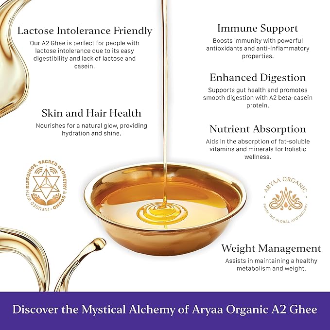 Aryaa Organic A2 Ghee | Grass-fed Cow Ghee, Bilona Method |1Liter (34 fl oz) | Premium Ayurvedic
