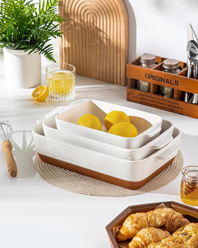 MALACASA Casserole Dishes for Oven, Ceramic Baking Dishes Set of 3, Baking Pan Casserole Dish Set