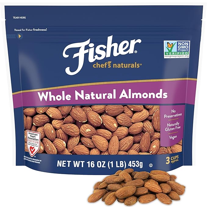 Fisher Chef's Naturals Unsalted Whole Almonds 16oz Resealable Bag, Raw Nuts Perfect for Cooking