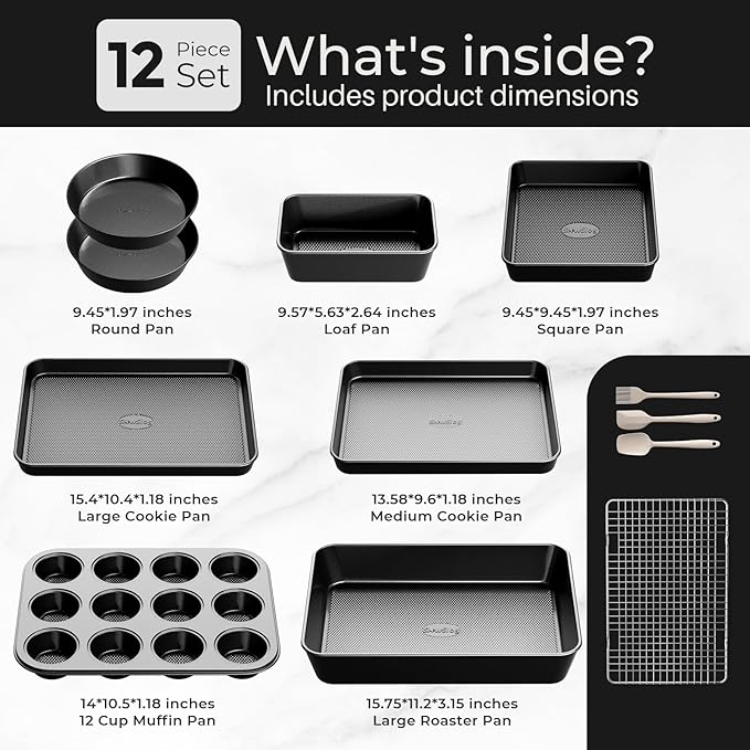 12-Piece Nonstick Bakeware Set, Stackable Non Toxic Baking Pans Set with Rack & Kitchen Utensils