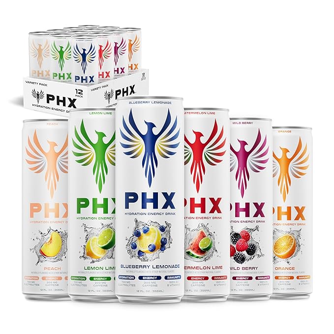 PHX Hydration Energy Drink - 700mg Electrolytes, 200mg Natural Green Tea Caffeine, 100% Daily Value