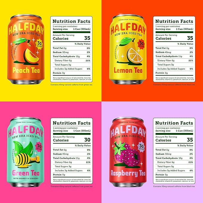 HALFDAY Prebiotic Iced Tea Lemon, Peach, Raspberry and Green Tea with Honey & Ginseng Variety Pack