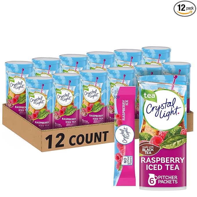Crystal Light Raspberry Iced Tea Naturally Flavored Powdered Drink Mix, 72 ct Pack, 12 Canisters of
