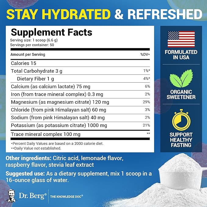 Dr. Berg Zero Sugar Hydration Keto Electrolyte Powder - Enhanced w/ 1000 mg of Potassium & Real