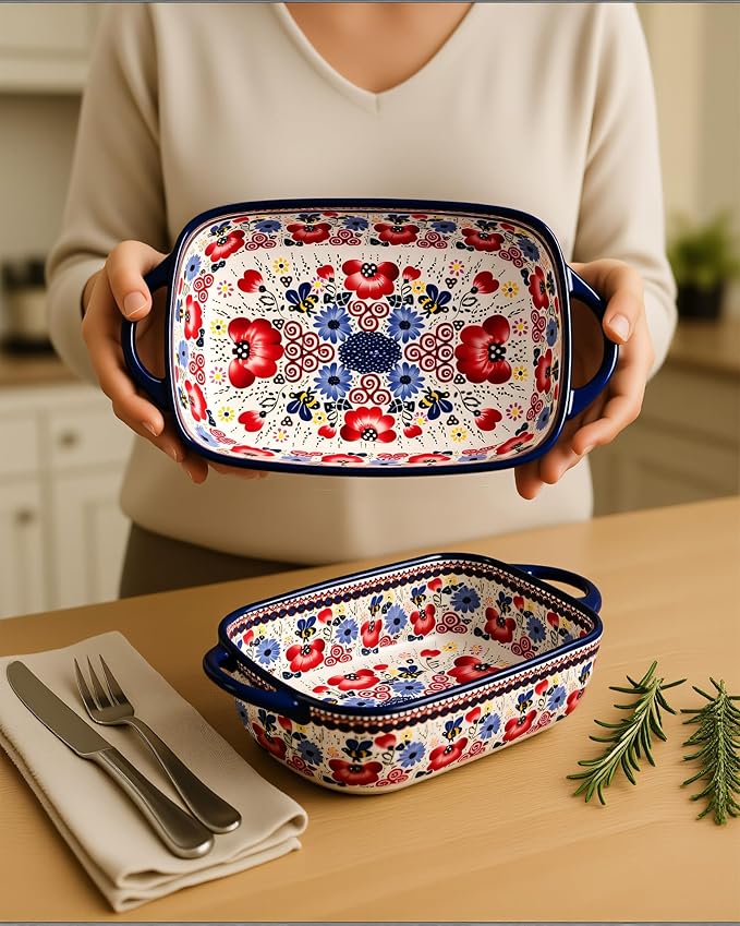 Ceramic Baking Dish Set of 2 ??Decorative Polish Pottery Style Casserole Dishes with Handles, Cute