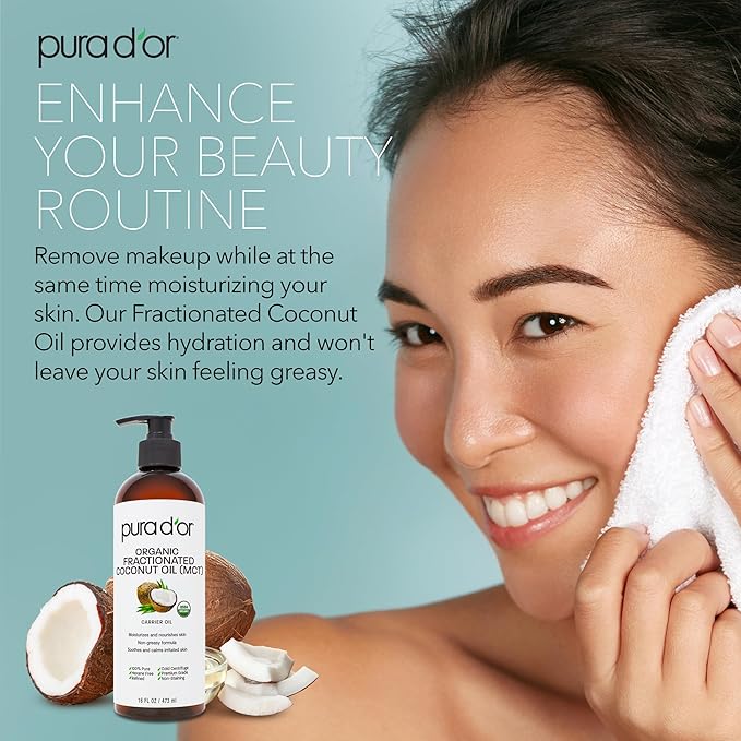 PURA D'OR 16 Oz ORGANIC Fractionated Coconut Oil - MCT Oil - 100% Pure & Natural USDA Certified