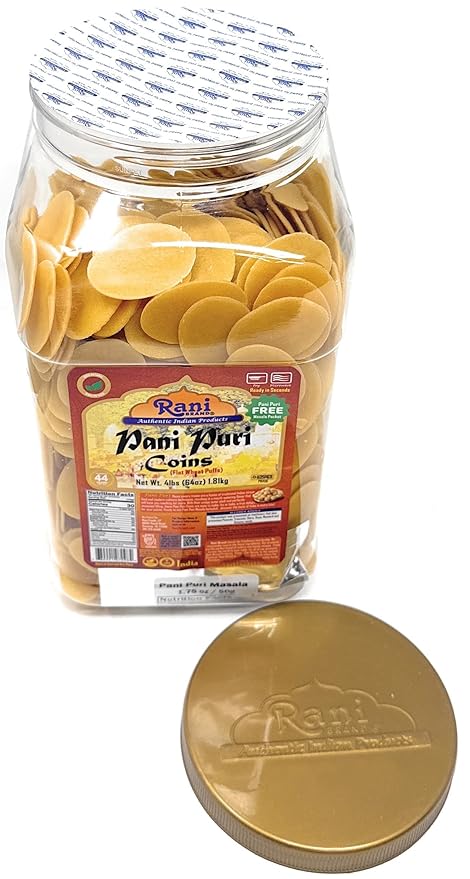 Rani Pani Puri Coins (Uncooked, Microwaveable Wheat Semolina Coins) 64oz (4lbs) w/Pani Puri Masala