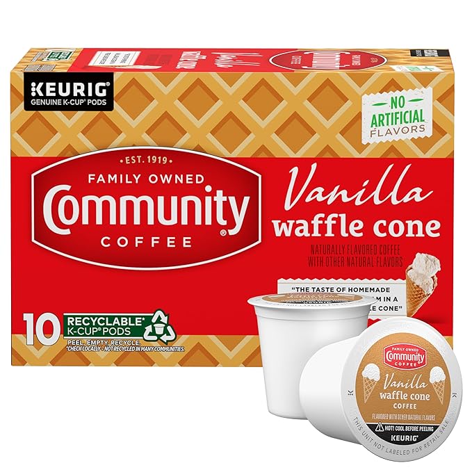 Community Coffee Vanilla Waffle Cone Ice Cream Flavored, 10 Count Coffee Pods, Compatible with