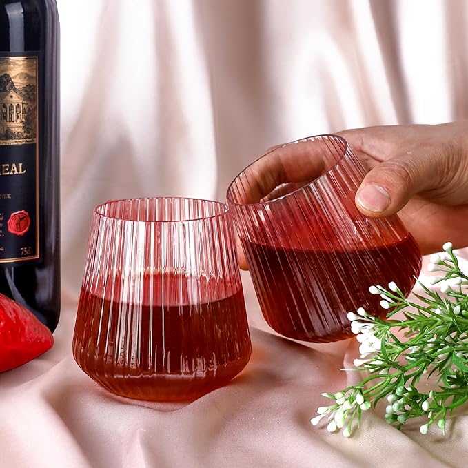 40 Pack Plastic Ribbed Wine Glasses, 14Oz Origami Disposable Wine Glasses Unbreakable Clear Plastic