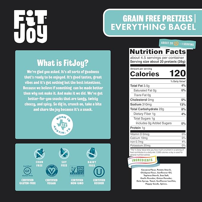 FitJoy Everything Bagel Pretzels (Pack of 6, 4.5 Oz), Dairy, Nut & Gluten Free Snacks, Grain Free