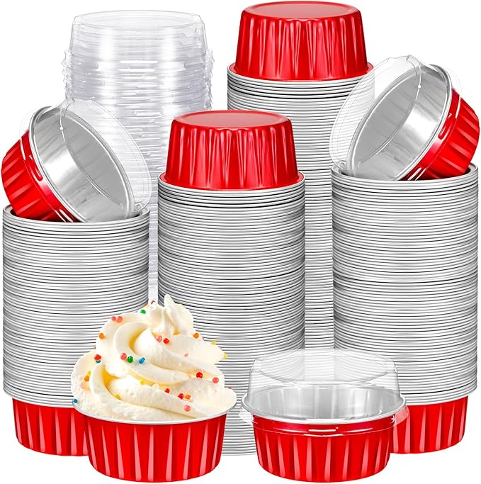 Gejoy 400 Pcs Aluminum Foil Baking Cups with Lids 5 oz Disposable Ramekins Mini Cake Pans Creme