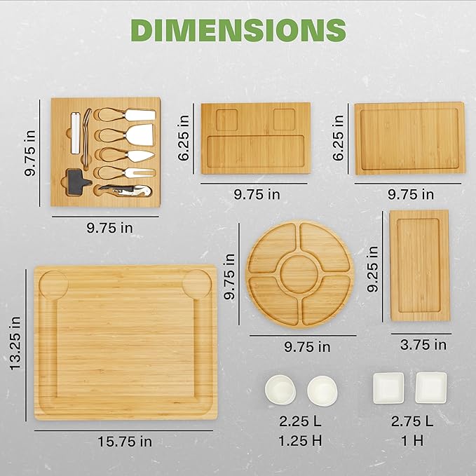 Dynamic Gear Charcuterie Boards with Drawers - Expandable Bamboo Cheese Board Set with Stainless