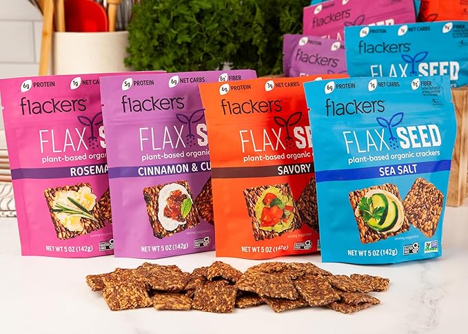 Flackers Organic Flax Seed Crackers Variety Pack, Sea Salt, Rosemary, Savory and Cinnamon, Gluten