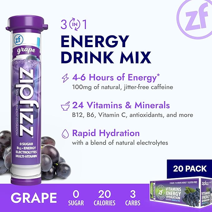 Zipfizz Daily Energy Drink Powder, Grape, 20 Pack | 3-in-1 Sustained Energy, Rapid Hydration, and