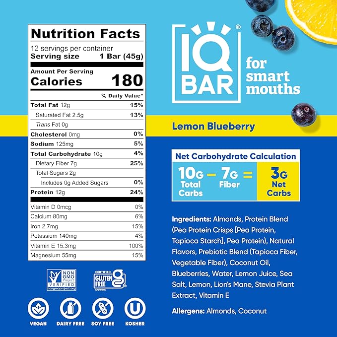 IQBAR Brain and Body Plant Protein Bars - Lemon Blueberry - 24-Count Low Carb - Gluten Free, High