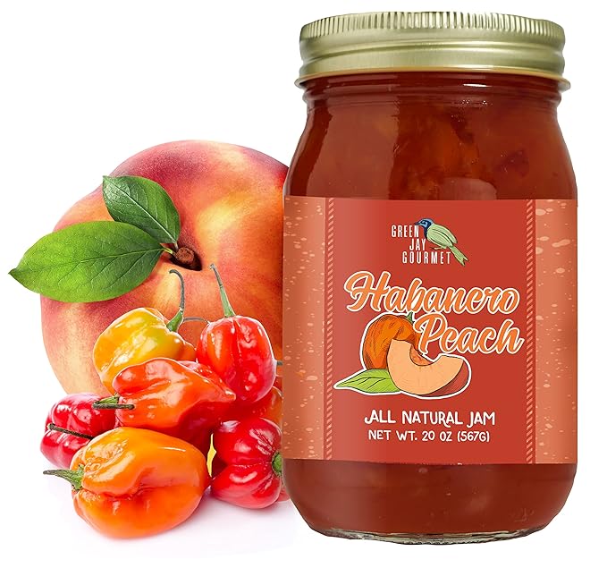 Green Jay Gourmet Peach Habanero Jam - All-Natural Peach Jam with Fresh Peaches, Habanero Peppers &