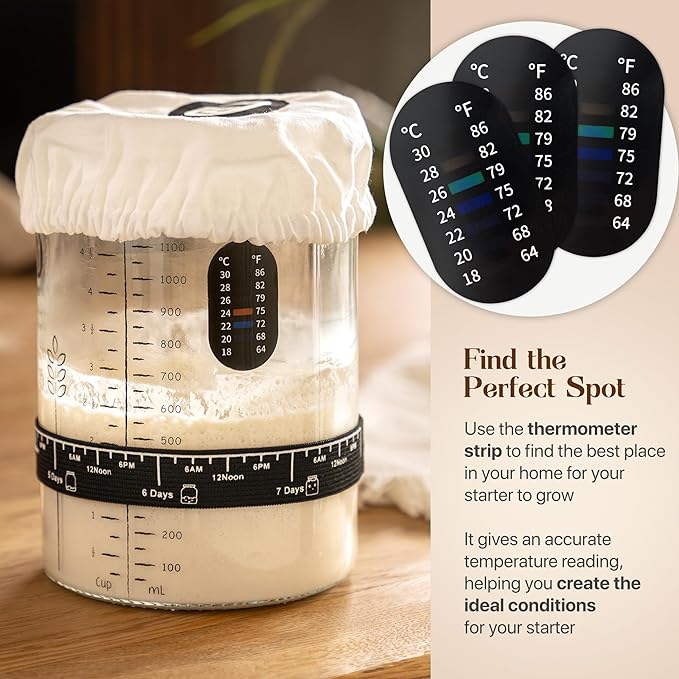 Sourdough Starter Kit with 40 oz Glass Jar ??Extra Thermometer Strips and Breathable Covers