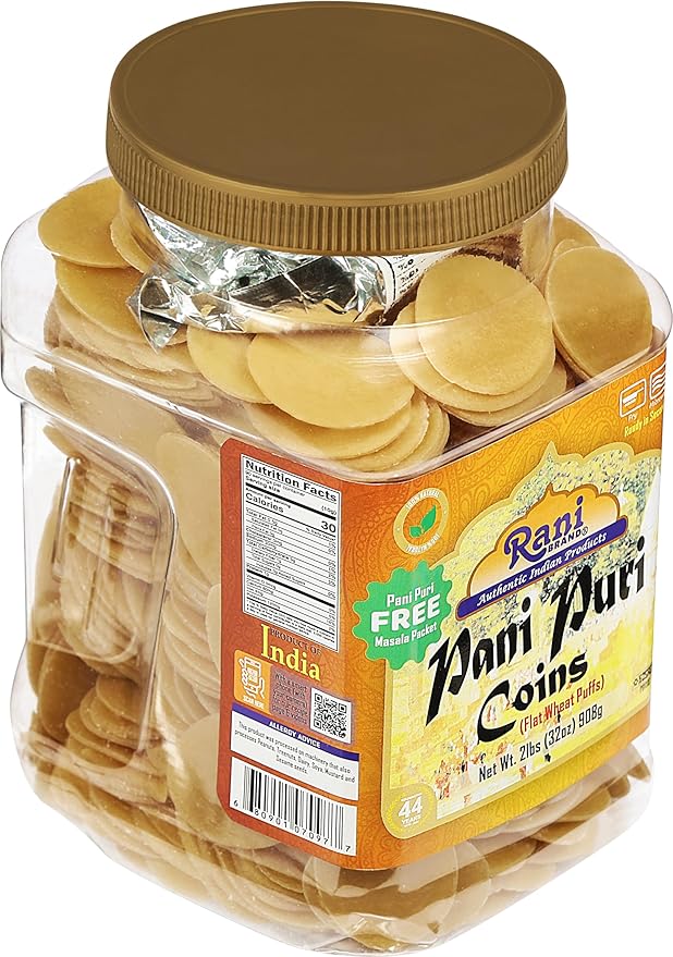 Rani Pani Puri Coins (Uncooked, Microwaveable Wheat Semolina Coins) 32oz (2lbs) 908g w/Pani Puri
