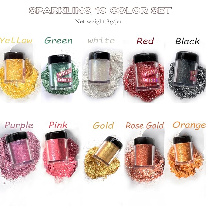 Edible Glitter for Cakes Drinks Luster Dust Set - Colaele 10 Colors Shimmering Disco Glitter Food