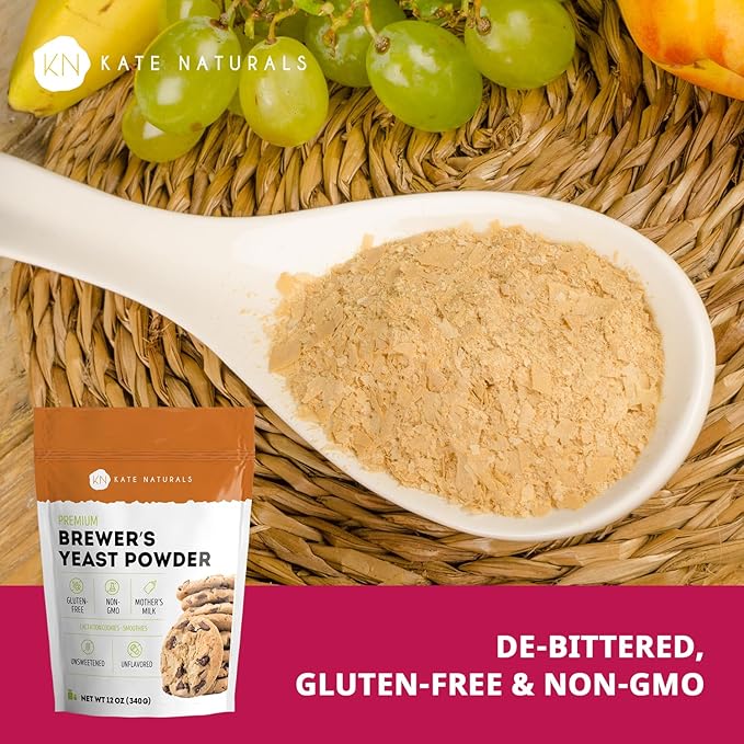 Kate Naturals Brewers Yeast Powder for Lactation Support & Nursing Moms. Debittered Brewer's Yeast