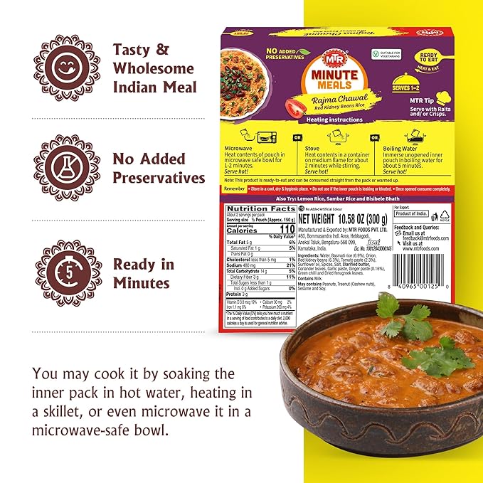 MTR Ready-To-Eat: Rajma Chawal - Red Kidney Beans Rice - Microwavable Rice Packs for Instant Meals