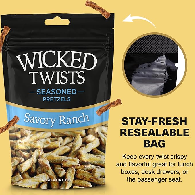 Wicked Twists Savory Ranch Seasoned Pretzels Twists 5.5 oz (3 Pack) Snack Pretzel Sticks Rods, Bold