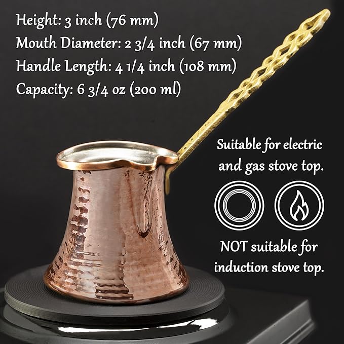 Volarium Turkish Coffee Pot, Greek Arabic Coffee Maker, Hammered Copper Coffee Cezve, Stove Top