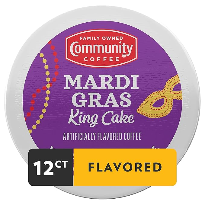 Community Coffee Mardi Gras King Cake Flavored 12 Count Coffee Pods, Medium Roast, Compatible with