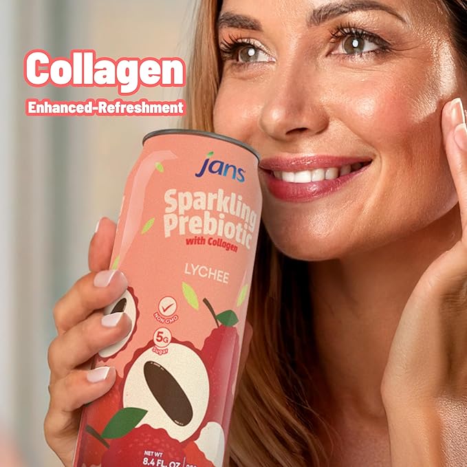Jans Sparkling Prebiotic with Collagen Soda Beverage ??Lychee 8.4 Fl Oz (6-Pack) ??Low Calorie, NO
