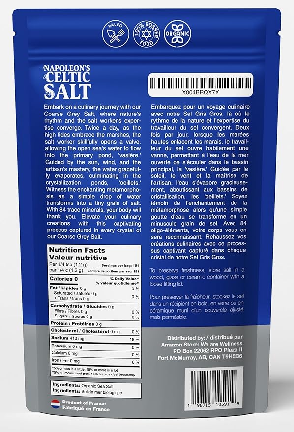 Napoleon's Celtic Organic 82 Minerals Sea Salt Coarse, French Sea Salt, Grey Salt, 1/2lb Resealable