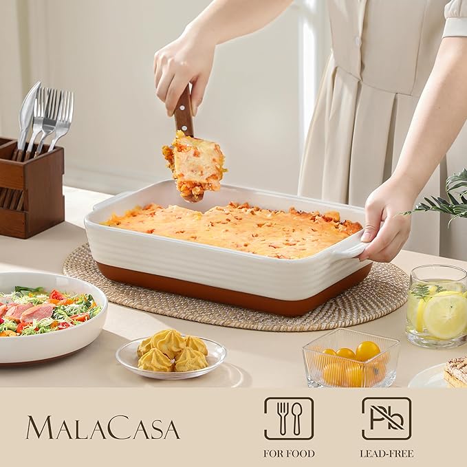 MALACASA Baking Dish with Rack, 4.8 Qt Ceramic Roasting Pan with Stainless Steel Drip Rack, 9x13