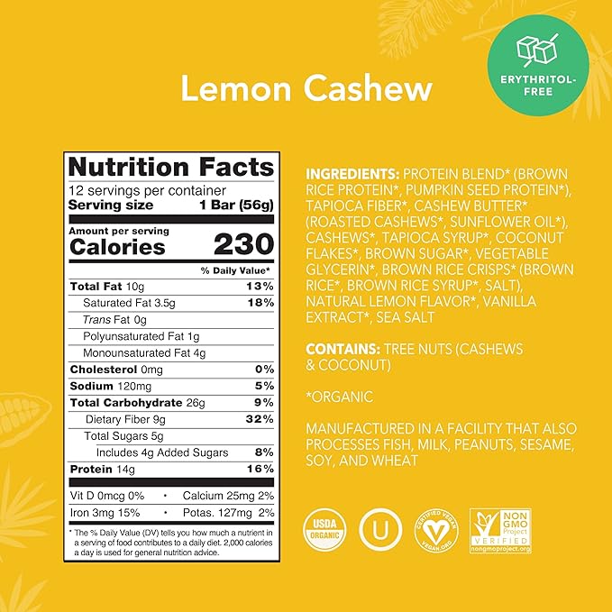 ALOHA Organic Plant Based Protein Bars - Lemon Cashew - 12-Count - Vegan, Low Sugar, Gluten-Free