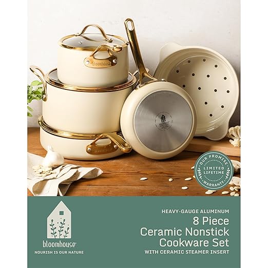 bloomhouse 8 Piece Pots and Pans Heavy Duty Aluminum Premium PFA Free Ceramic Nonstick Cookware Set