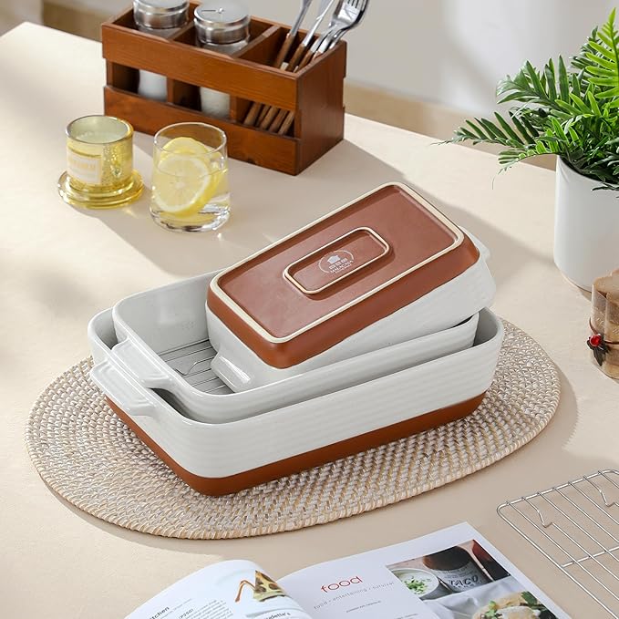 MALACASA Casserole Dishes for Oven with Roasting Racks, Ceramic Baking Dishes Set of 3, Baking Pan
