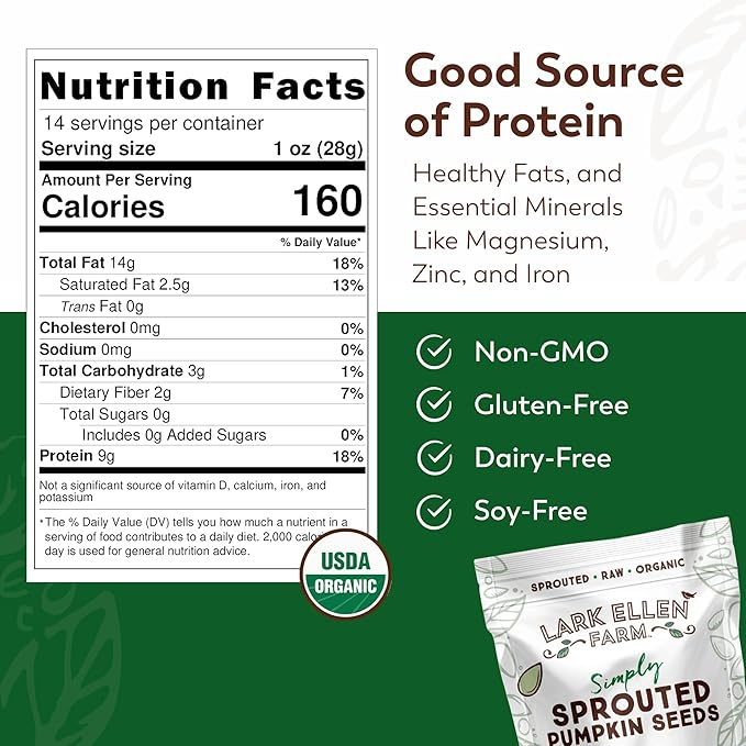 Lark Ellen Farm Sprouted Organic Pumpkin Seeds, Unsalted Raw Pumpkin Seeds Organic, Pepitas, Vegan