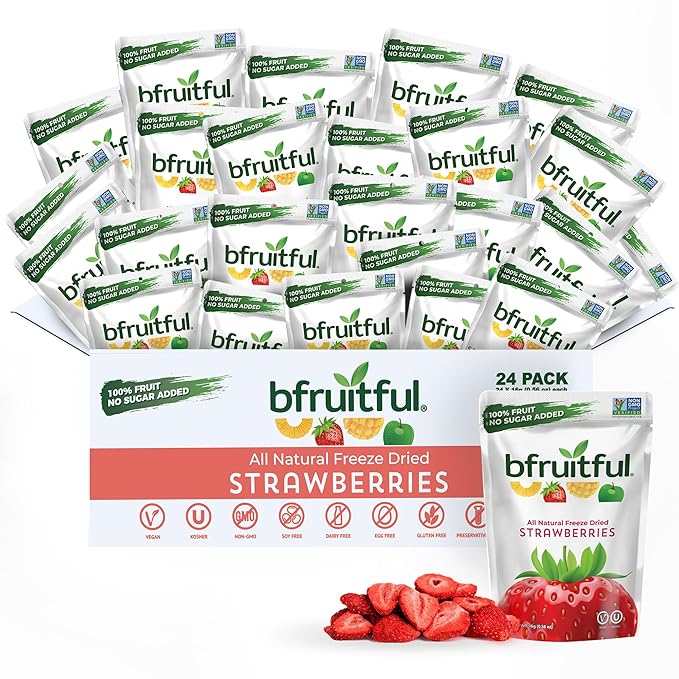 bfruitful Freeze-Dried Strawberries, Freeze Dried Fresh Fruit Bites, Gluten Free, Vegan, Dairy