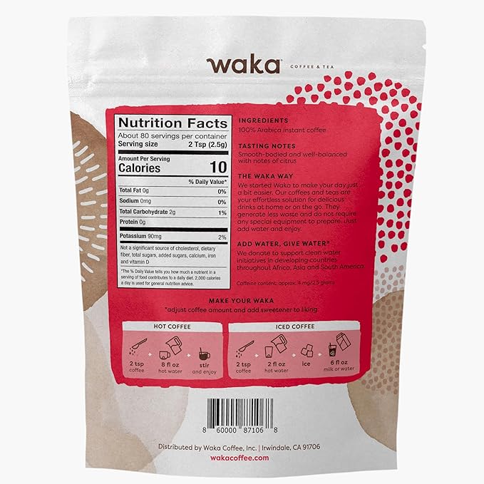 Waka Premium Decaf Instant Coffee Pouch — 100% Colombian Arabica Freeze Dried Beans — For Hot or