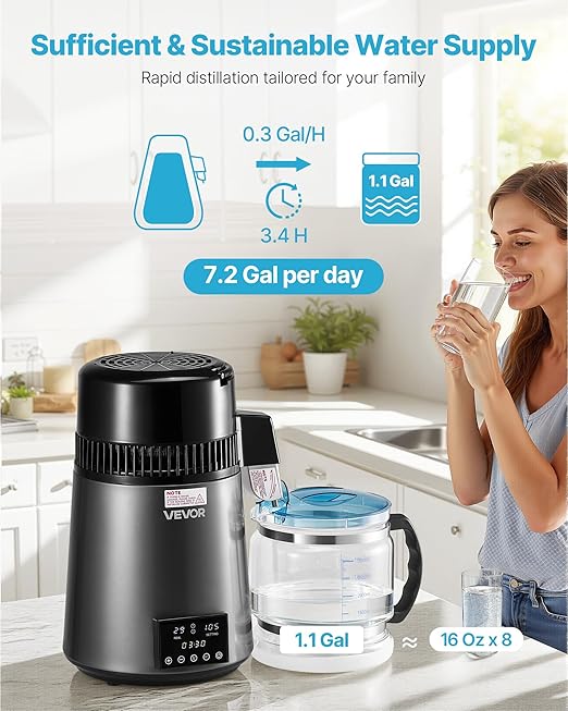 VEVOR Water Distiller, 4L 1.1 Gallon Pure Water Purifier Filter for Home Table Countertop, 750W
