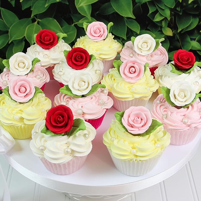 Global Sugar Art Premium Wedding & Party Edible Rose Cake & Cupcake Sugar Flowers, Red, 24 Count