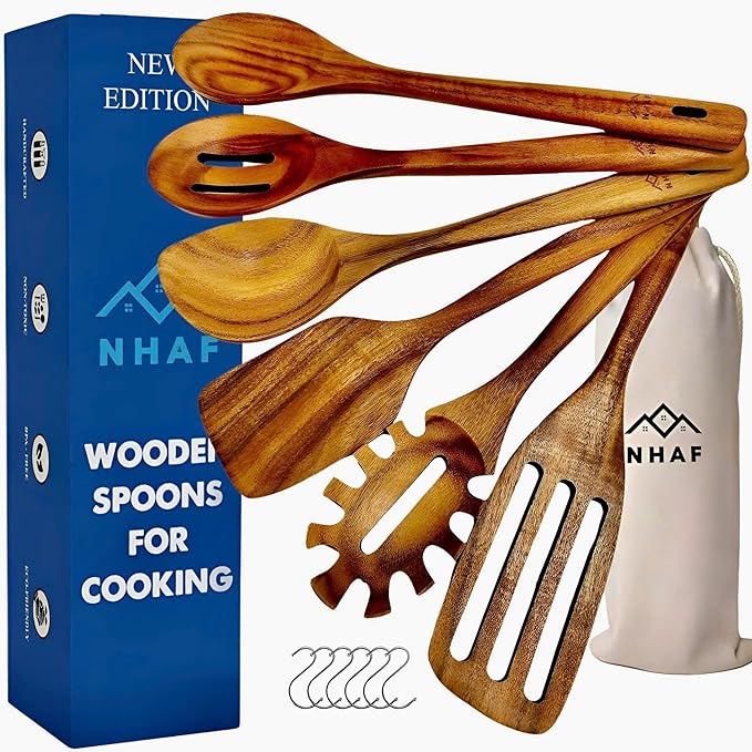 Wooden Utensils for Cooking, Premium Teak Healthy Spoons, Wooden Spoons for Cooking, Durable