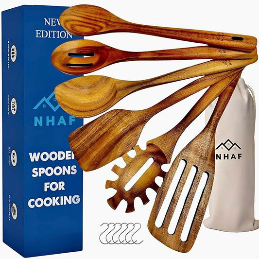 Wooden Utensils for Cooking, Premium Teak Healthy Spoons, Wooden Spoons for Cooking, Durable
