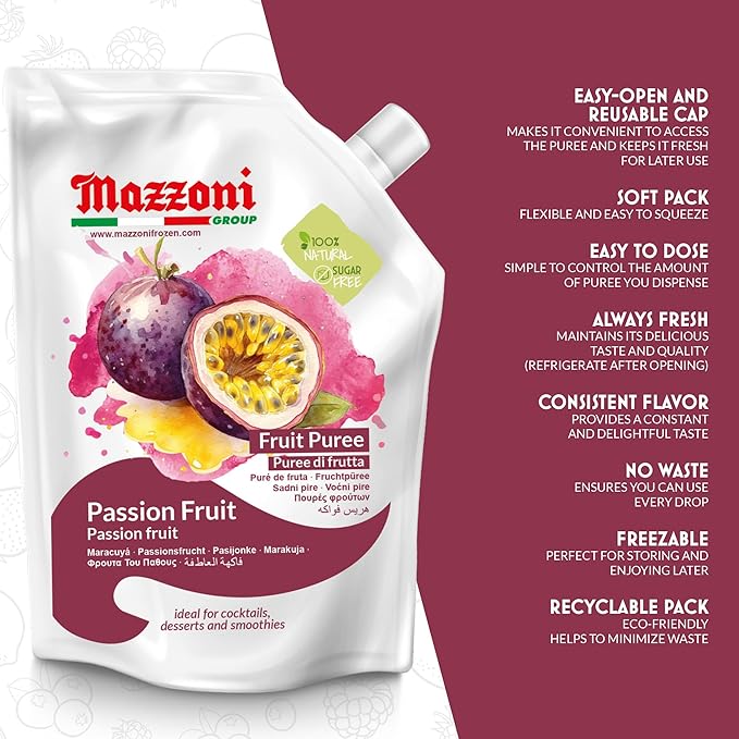 Mazzoni Passion Fruit Juice Puree, 100% Pure Passion Fruit, Maracuya, Just Fruit, No Sugar Added